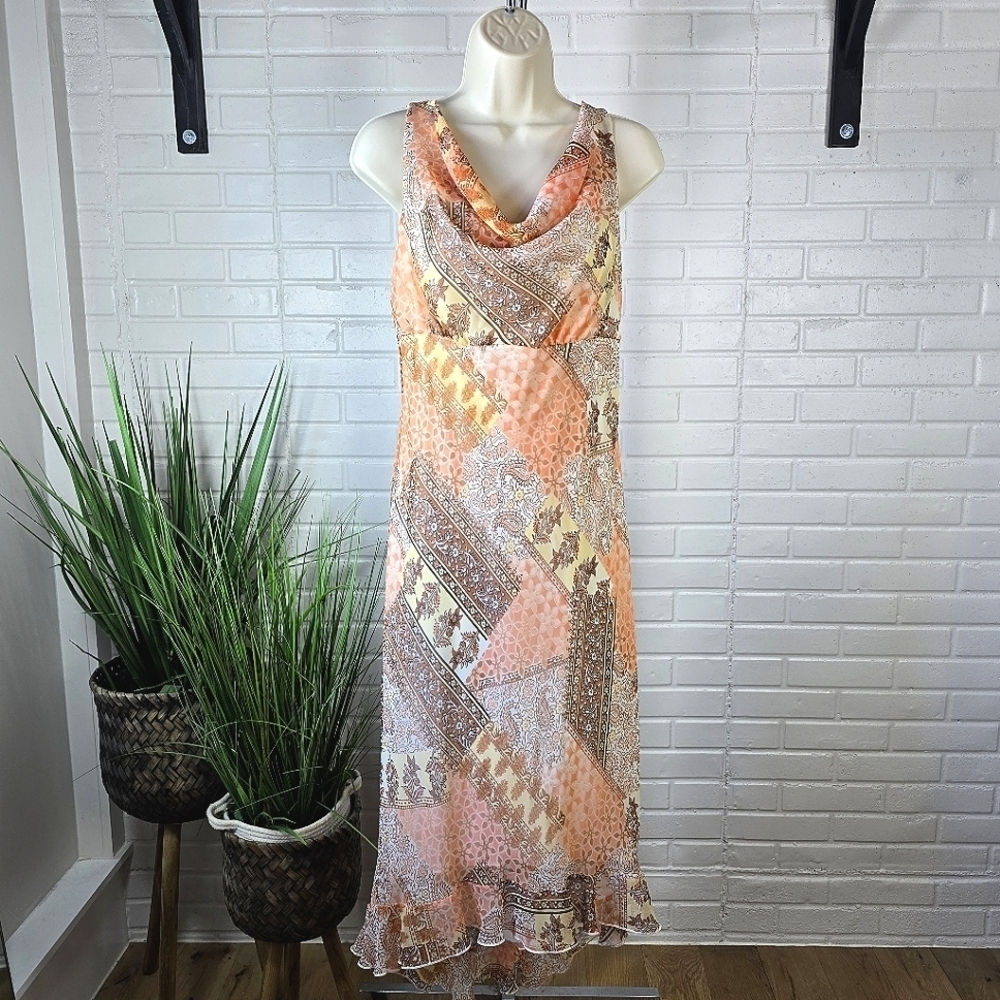 Vintage Y2k Paisley Chiffon Midi Dress size 8 Pastel Orange Cream Pink